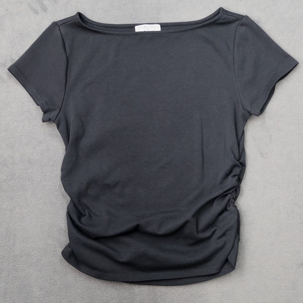 Dylan Ryan NYC Ruched Side Top Women XL Black Excellent Boat Neck Short Sleeve